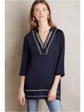 Dolan Anthropologie Silky Pullover Tunic Top Blue with embroidery Large